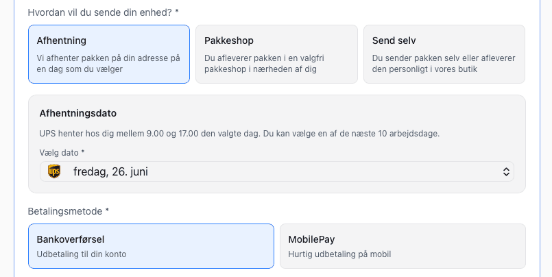 Vælg forsendelsesmetode